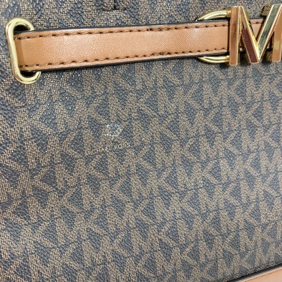 Michael Kors Reed Large Belted Satchel Bag Purse Brown MK Signature Logo FLAW - Picture 15 of 16